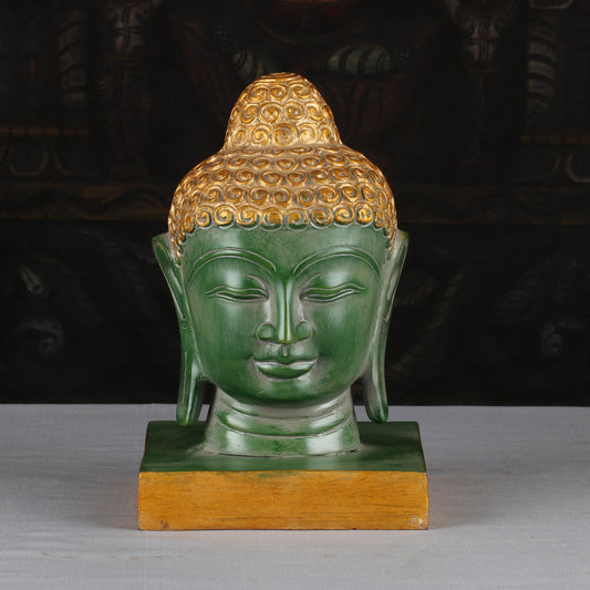 Brass Buddha Head Statue Vintage Green Showpiece For Home Decor 9"