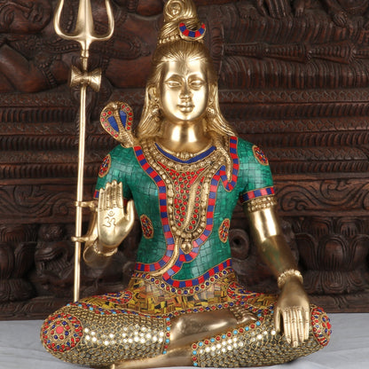 Brass Lord Shiva Statue With Stone Work For Home Temple Decor 1.5 Feet by vendor-unknown - Hindu Gods (View 2)