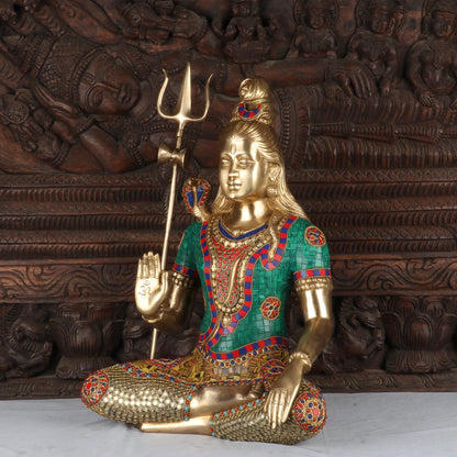 Brass Lord Shiva Statue With Stone Work For Home Temple Decor 1.5 Feet by vendor-unknown - Hindu Gods (View 4)