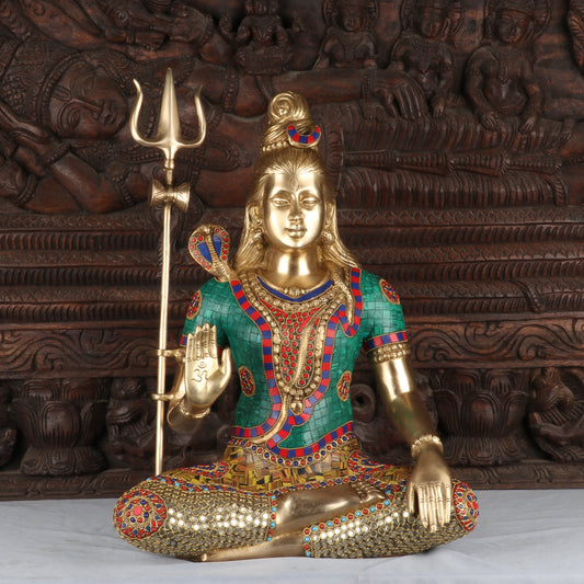 Brass Lord Shiva Statue With Stone Work For Home Temple Decor 1.5 Feet