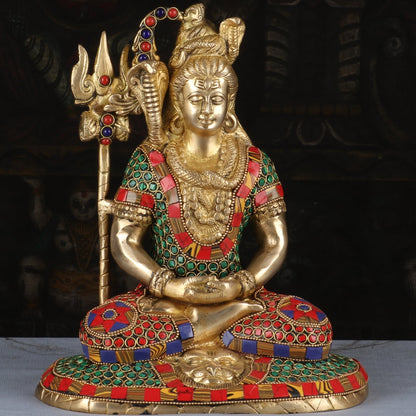 Brass Lord Shiva Statue in Meditation Stone Work For Home Decor 10" by vendor-unknown - Hindu Gods (View 2)