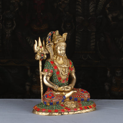 Brass Lord Shiva Statue in Meditation Stone Work For Home Decor 10" by vendor-unknown - Hindu Gods (View 3)
