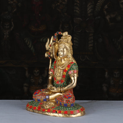 Brass Lord Shiva Statue in Meditation Stone Work For Home Decor 10" by vendor-unknown - Hindu Gods (View 4)