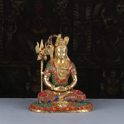 Brass Lord Shiva Statue in Meditation Stone Work For Home Decor 10" by vendor-unknown - Hindu Gods