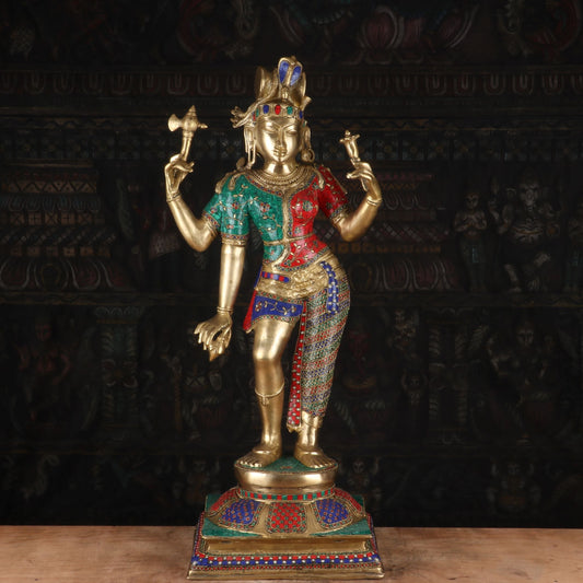 Brass Large Lord Shiva Ardhanarishawar Statue Stone Work For Decor 3 Feet