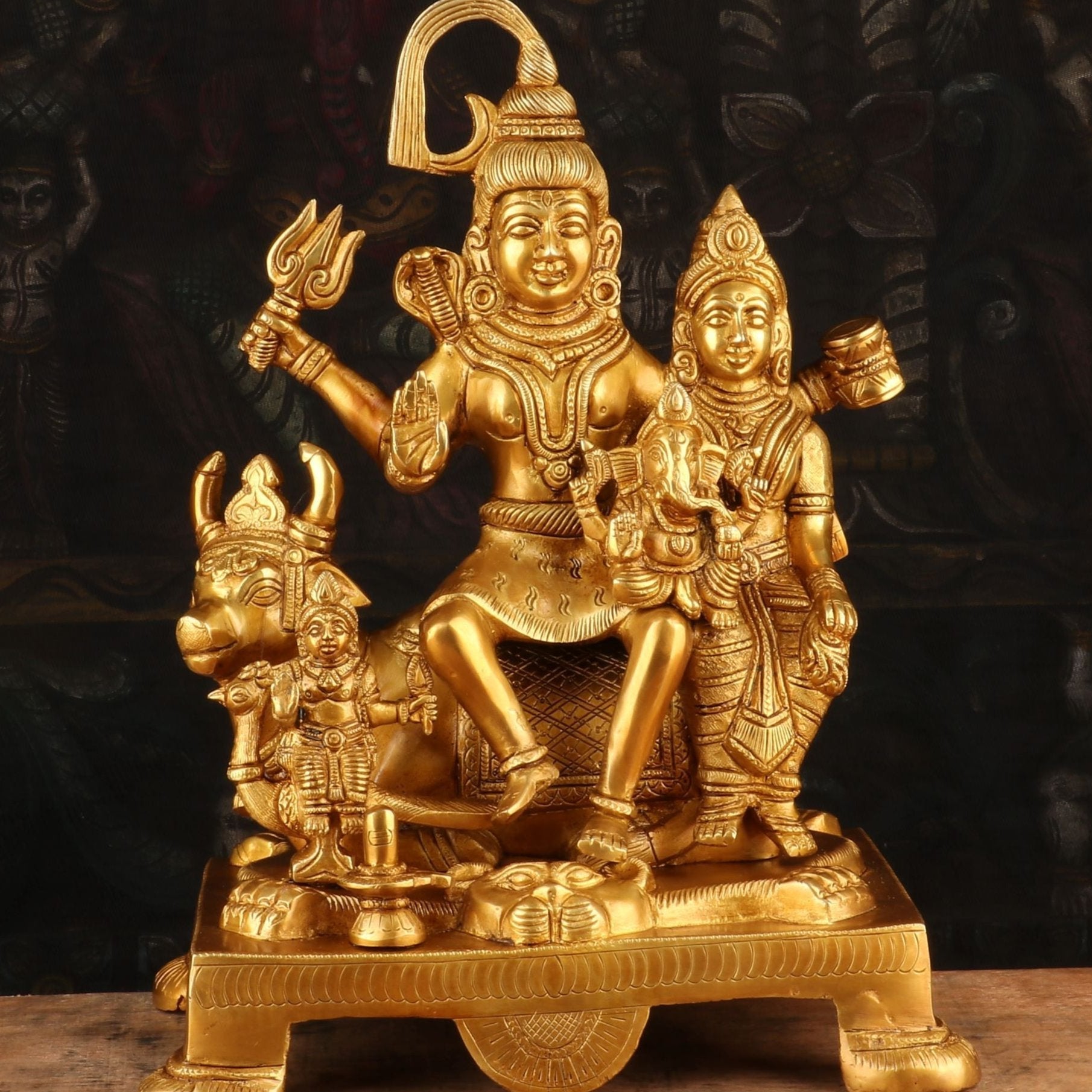 Brass Shiv Parivar Statue Sitting On Nandi For Home Decor 8" - Image 2