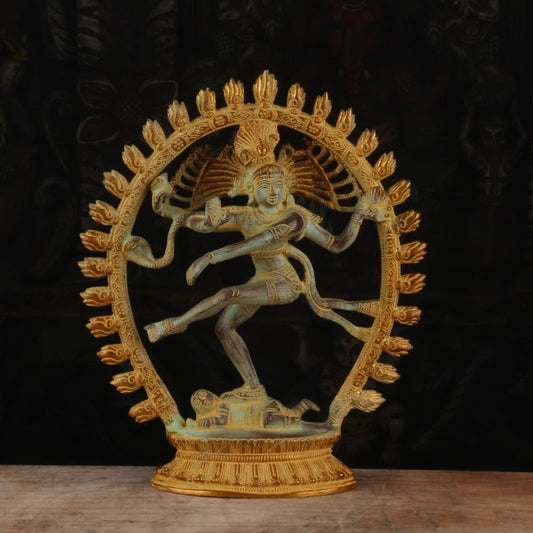 Brass Nataraja Statue Sculpture Idol Vintage Golden Green For Decor 1 Feet