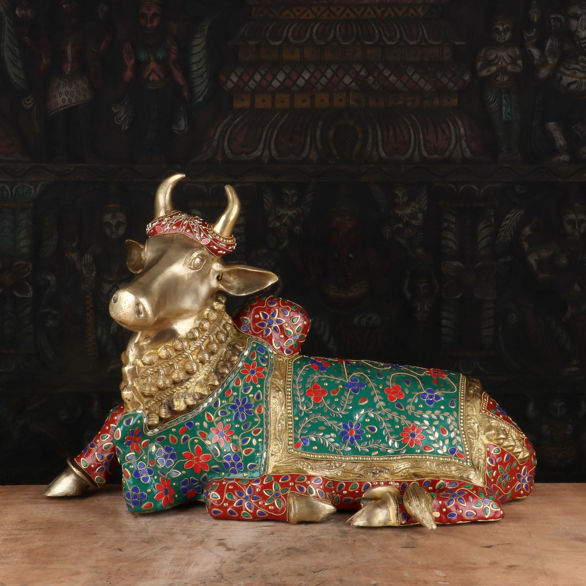 Brass Nandi Statue Stone Work Finished Idol Decor 1.5 Feet - Image 2