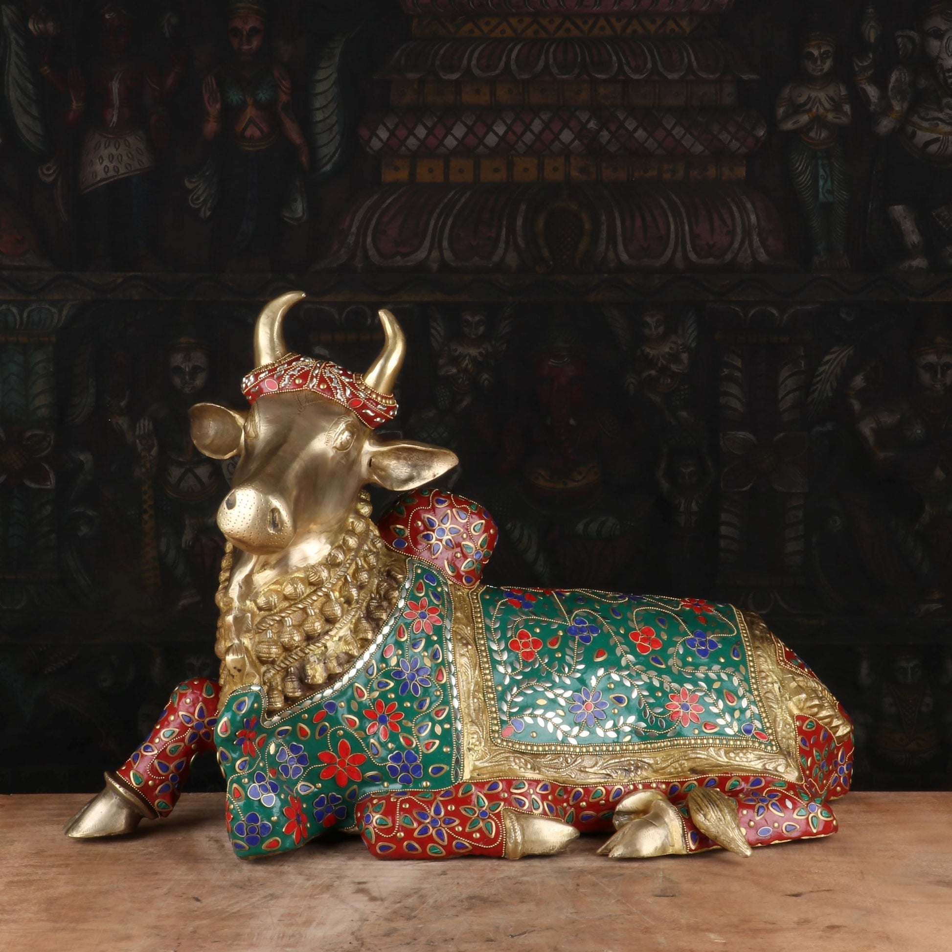 Brass Nandi Statue Stone Work Finished Idol Decor 1.5 Feet - Image 3