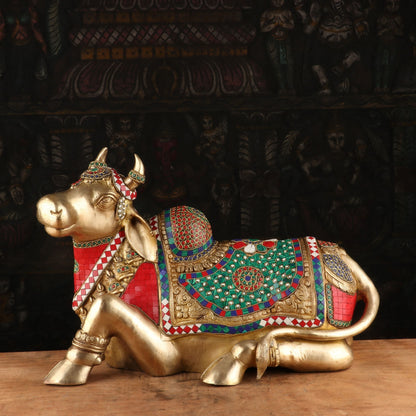 Brass Nandi Statue Stone Work Finished Idol Showpiece Decor 14" by vendor-unknown - Spiritual (View 3)