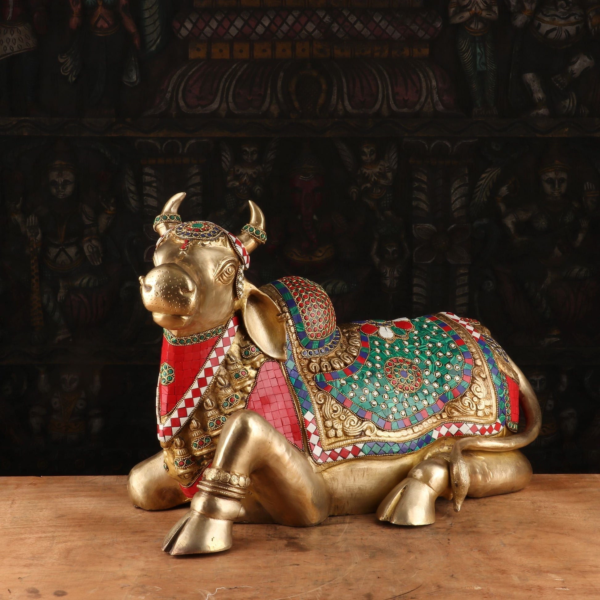 Brass Nandi Statue Stone Work Finished Idol Showpiece Decor 14" - Image 4