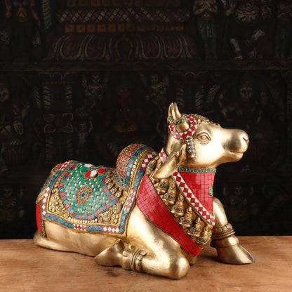 Brass Nandi Statue Stone Work Finished Idol Showpiece Decor 14" by vendor-unknown - Spiritual (View 5)