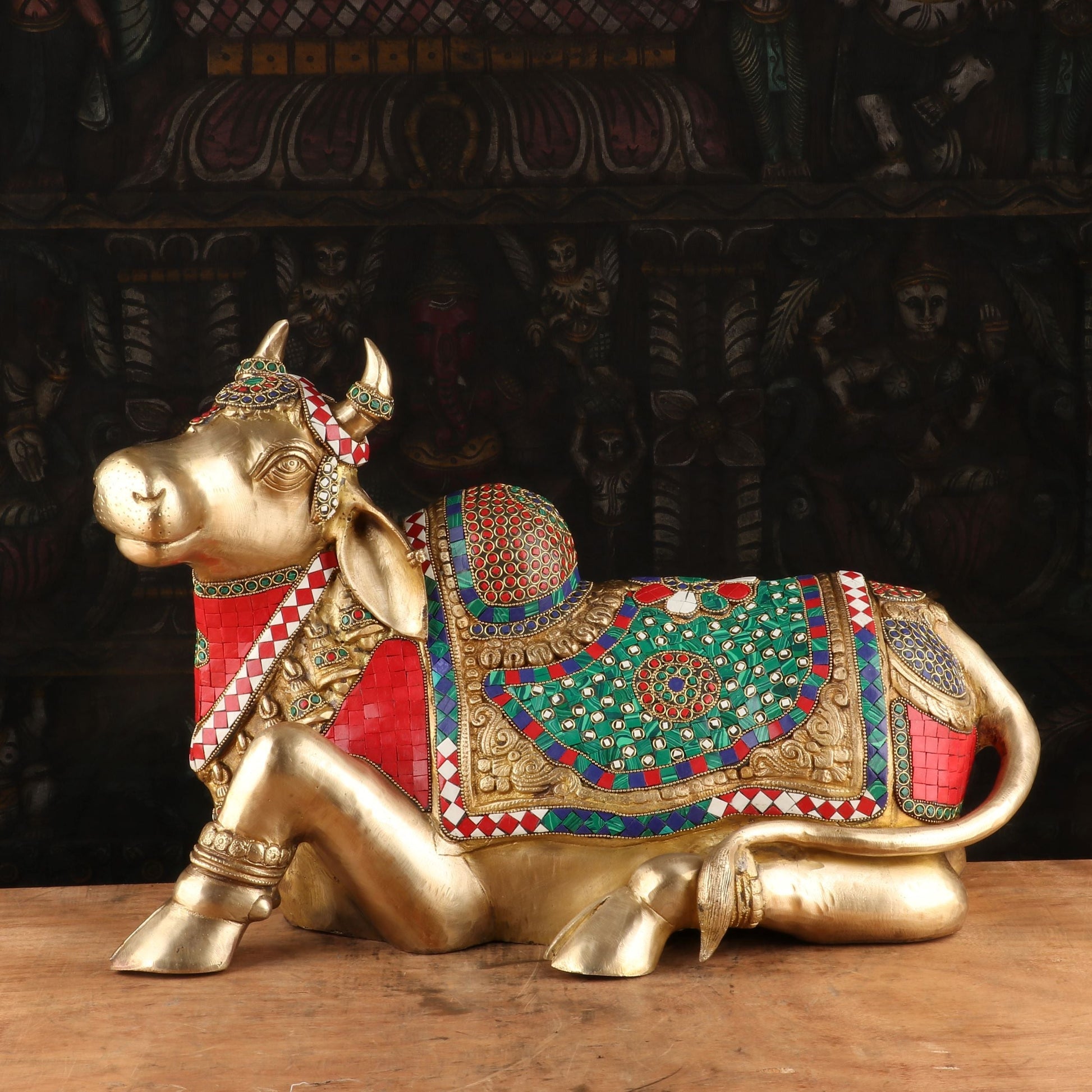 Brass Nandi Statue Stone Work Finished Idol Showpiece Decor 14" - Eco-friendly - Sama Homes