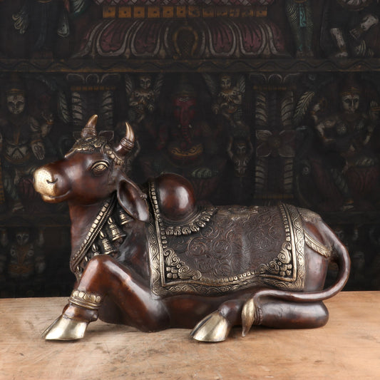 Brass Nandi Statue Vintage Brown Finished Idol For Decor 14"