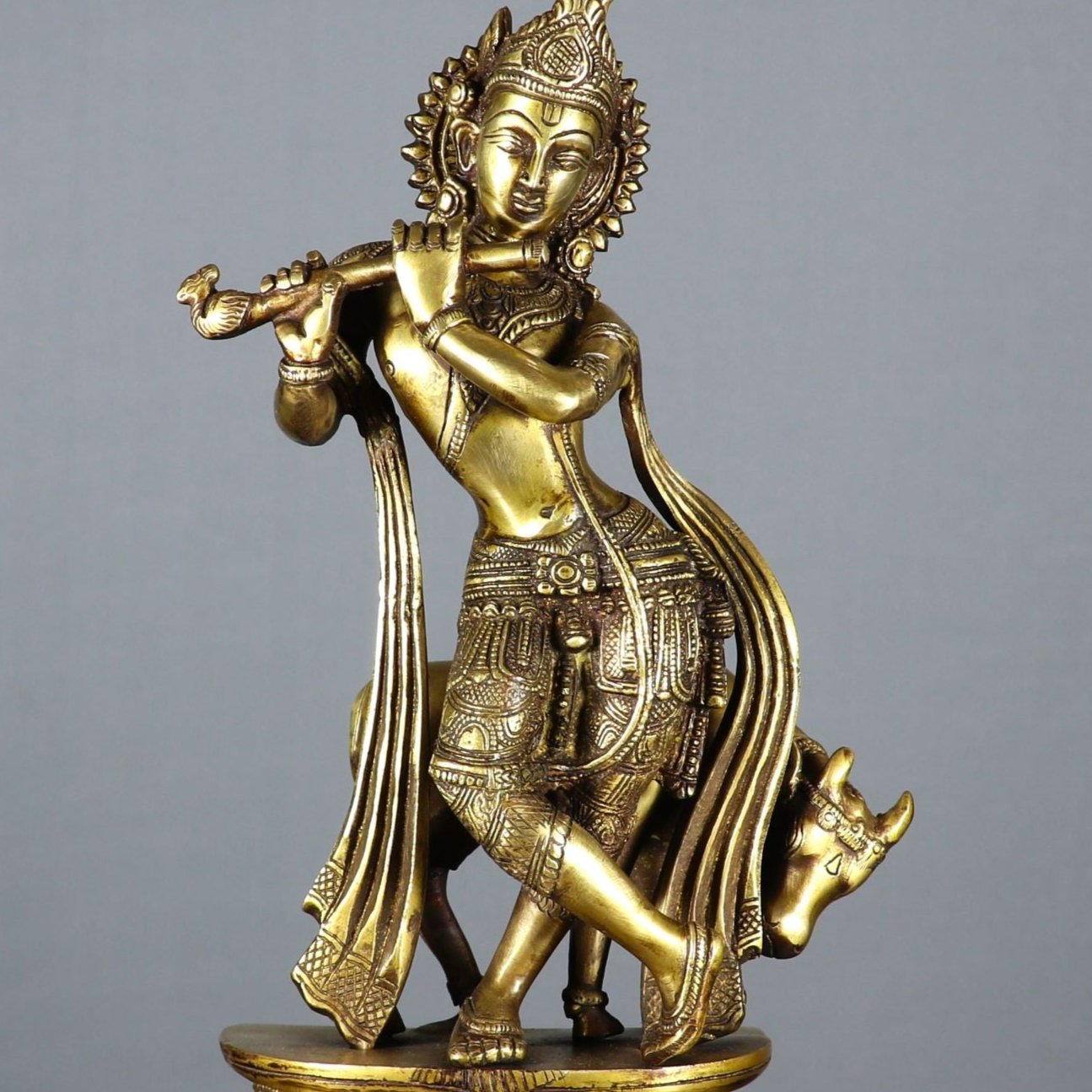 Brass Krishna With Cow Idol Figurine Showpiece Decor 1 Feet - Image 2