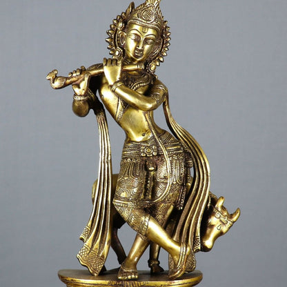 Brass Krishna With Cow Idol Figurine Showpiece Decor 1 Feet by vendor-unknown - Hindu Gods (View 2)