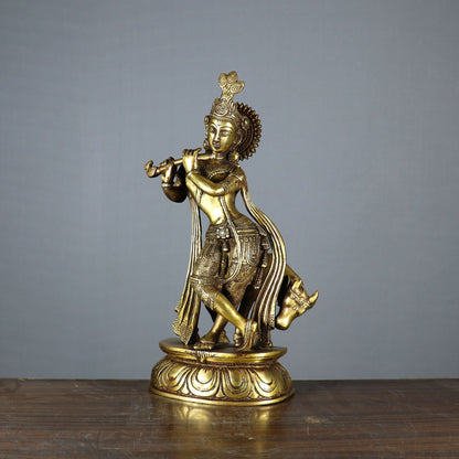 Brass Krishna With Cow Idol Figurine Showpiece Decor 1 Feet by vendor-unknown - Hindu Gods (View 3)