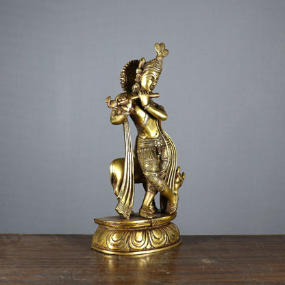 Brass Krishna With Cow Idol Figurine Showpiece Decor 1 Feet by vendor-unknown - Hindu Gods (View 4)