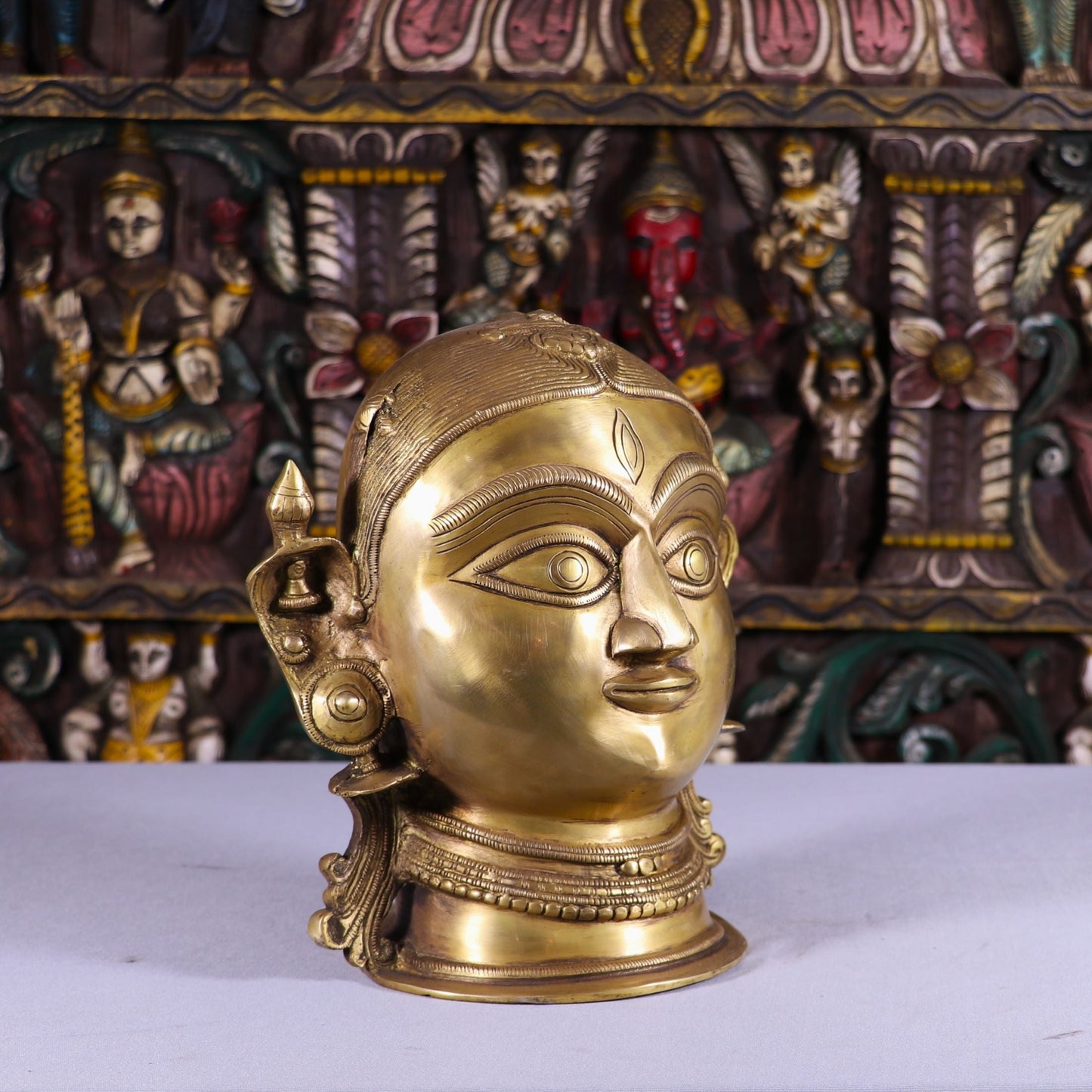 Brass Goddess Parvati Head Idol Religious Decor Statue 11"