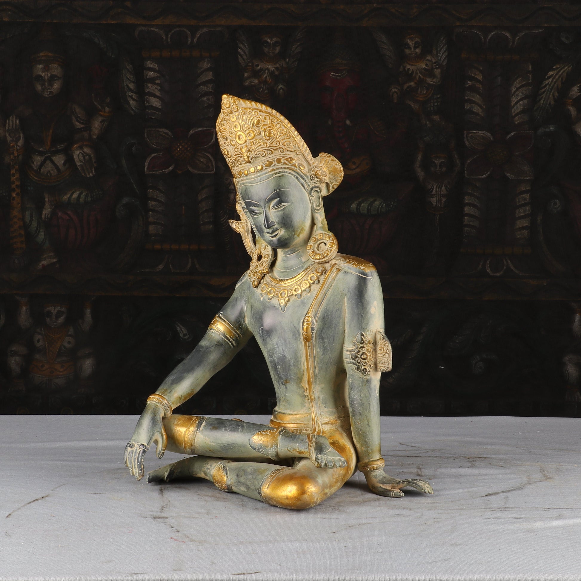 Brass Indra Statue Antique Green Finished Indian God Inder Idol Murti Figure 14" - Image 3
