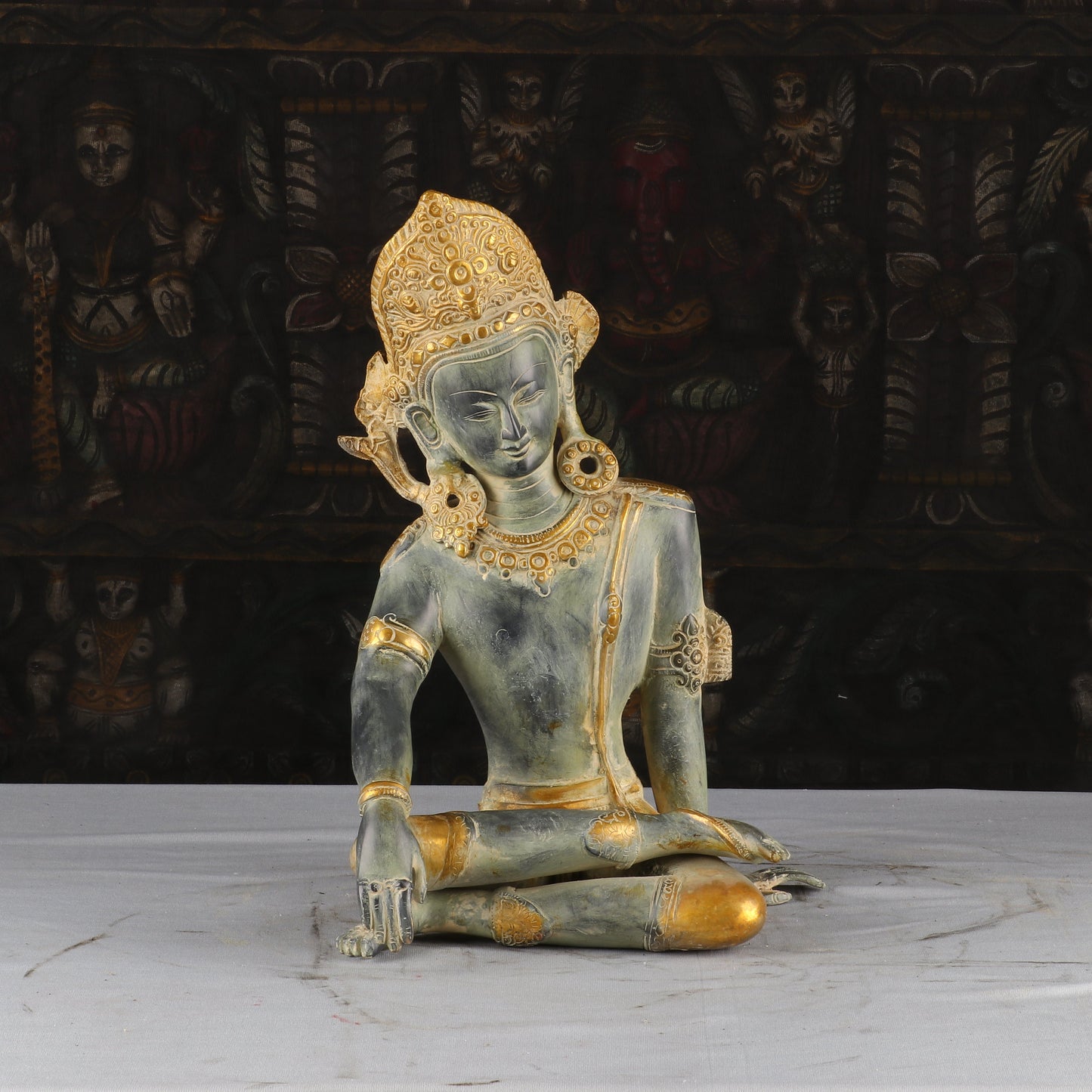 Brass Indra Statue Antique Green Finished Indian God Inder Idol Murti Figure 14"