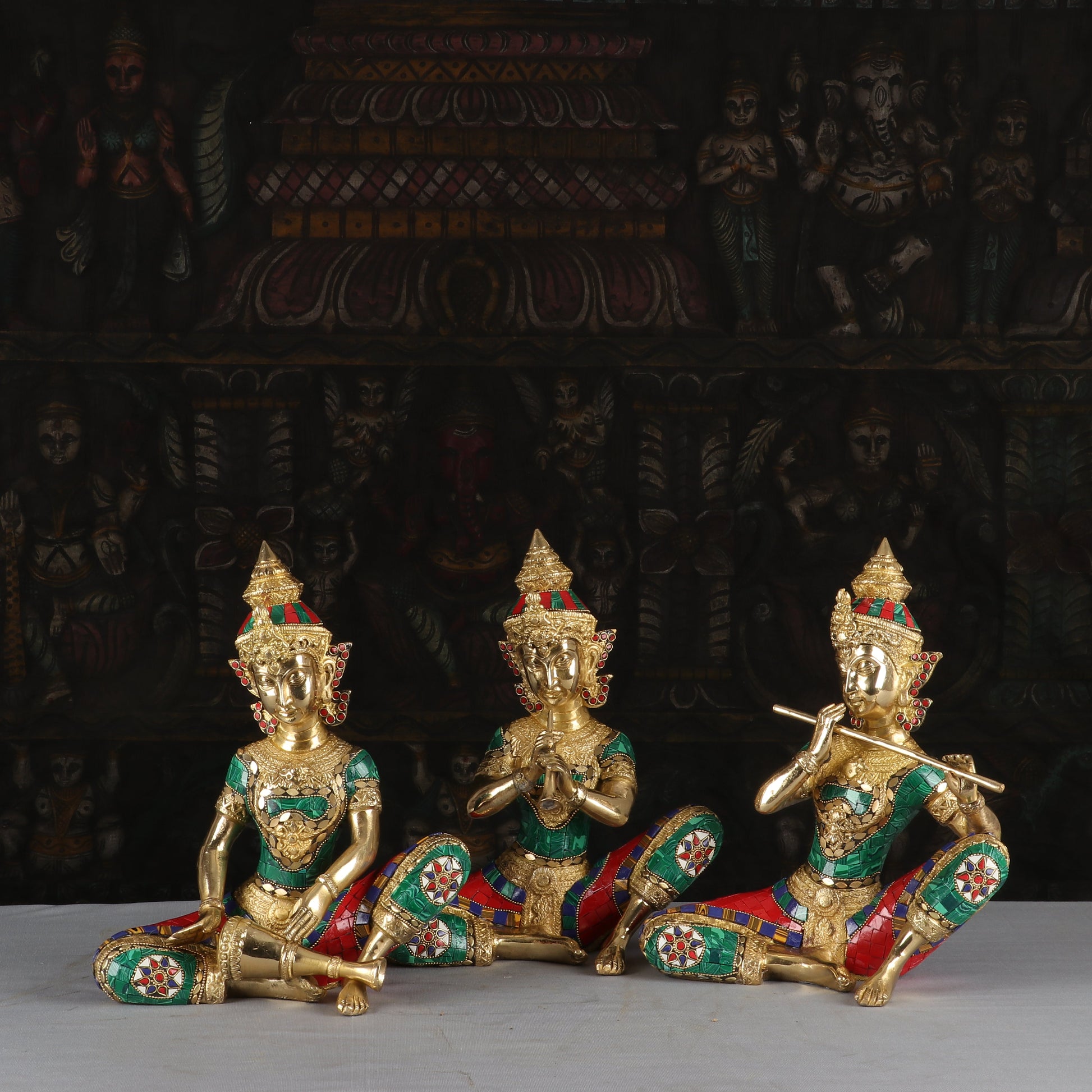 Brass Handcrafted Thai Musical Set of 4 With Natural Stones Work For Decor 1 Feet - Image 2