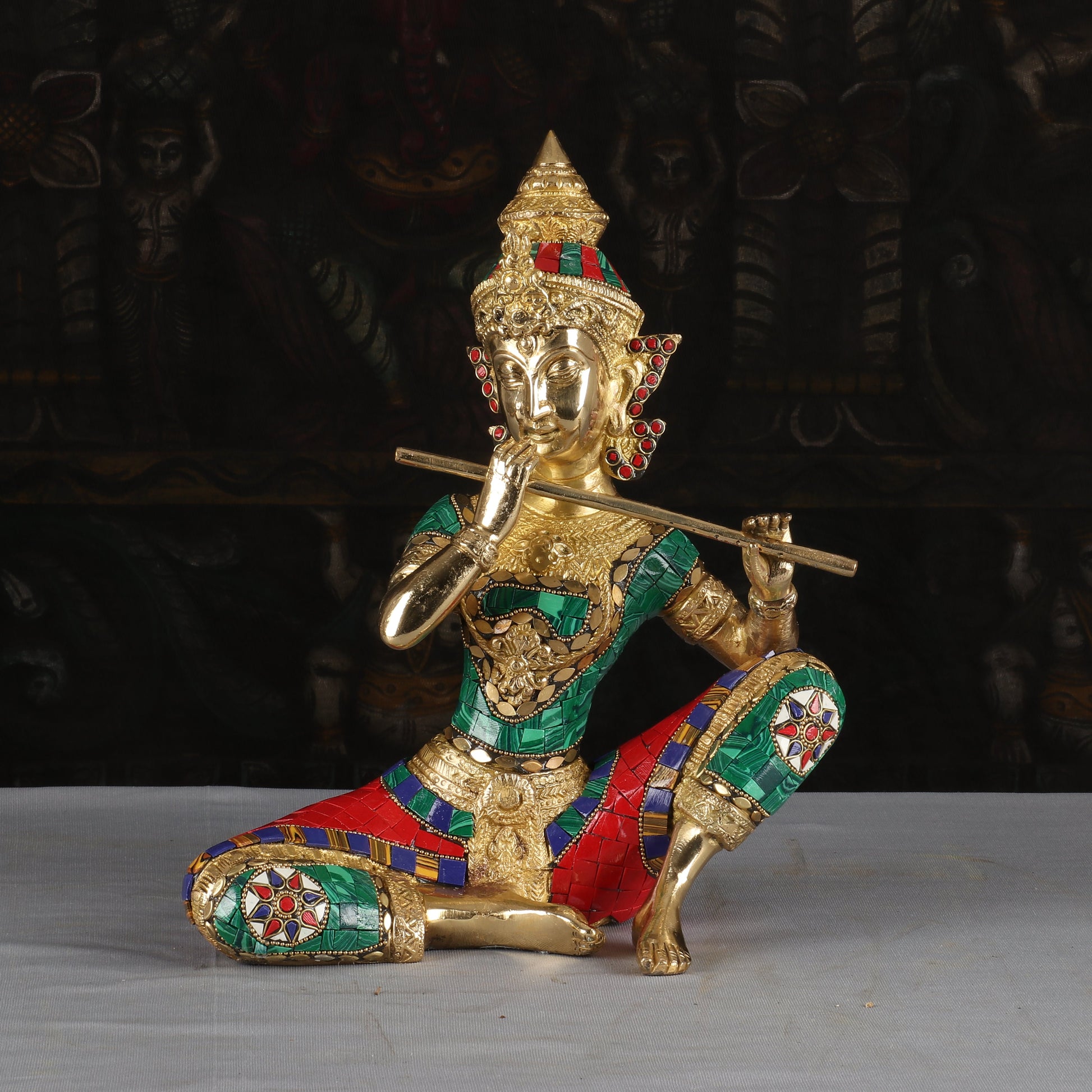 Brass Handcrafted Thai Musical Set of 4 With Natural Stones Work For Decor 1 Feet - Image 3