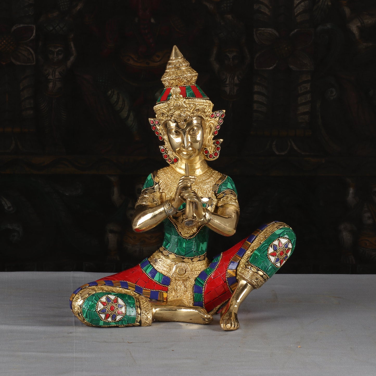 Brass Handcrafted Thai Musical Set of 4 With Natural Stones Work For Decor 1 Feet