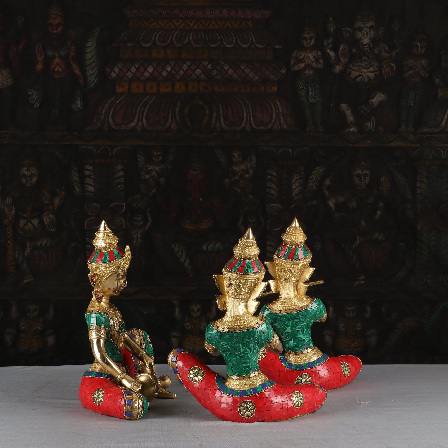 Brass Handcrafted Thai Musical Set of 4 With Natural Stones Work For Decor 1 Feet