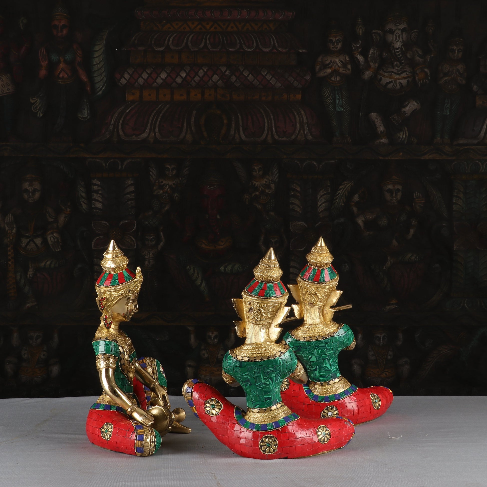 Brass Handcrafted Thai Musical Set of 4 With Natural Stones Work For Decor 1 Feet - Image 6
