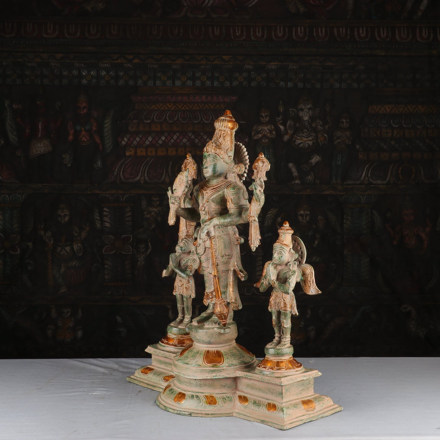 Brass Vishnu Statue With Garuda And Hanuman Antique Finished Idol Religious Decor 2 Feet