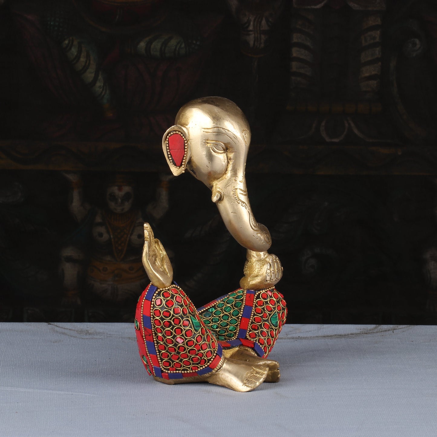 Brass Modern Ganesha Idol Stone Work For Home Decor Lucky Gift 8"