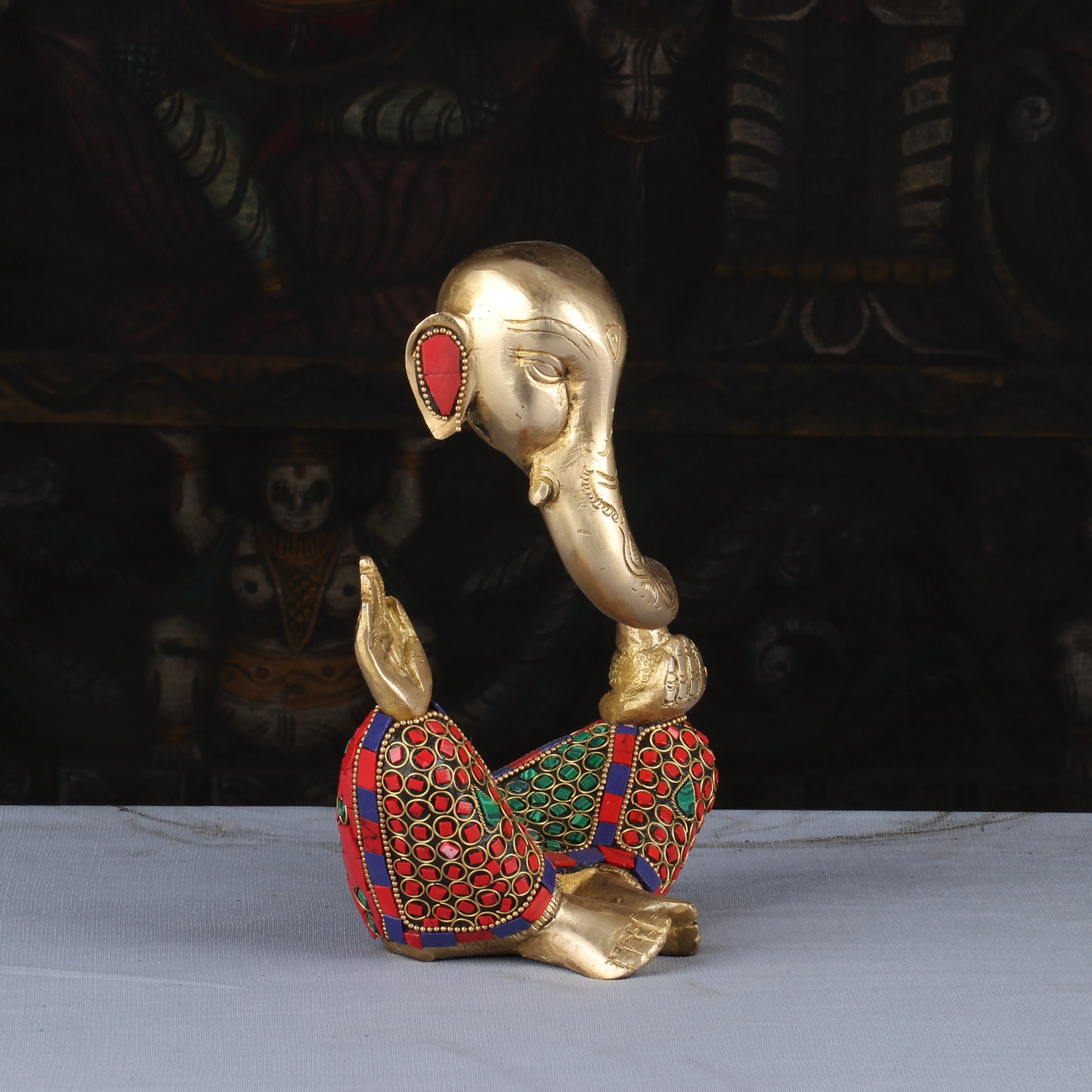 Brass Modern Ganesha Idol Stone Work For Home Decor Lucky Gift 8" - Image 3