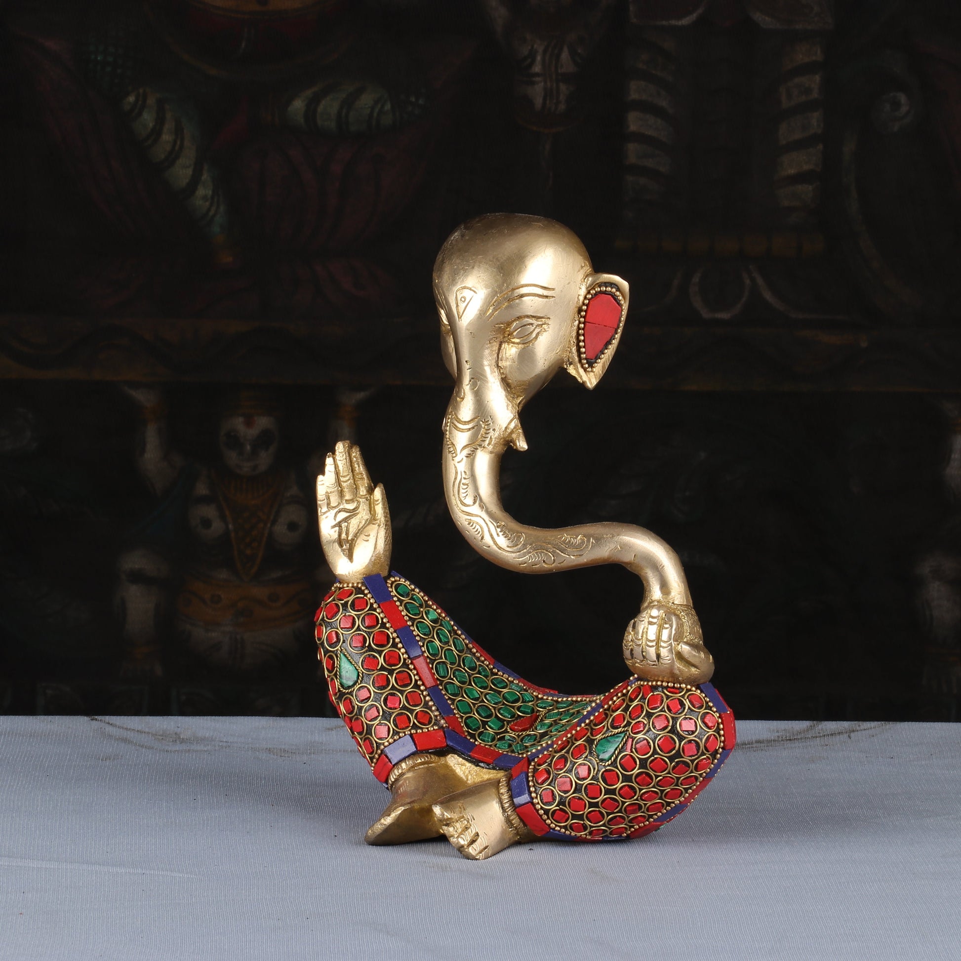 Brass Modern Ganesha Idol Stone Work For Home Decor Lucky Gift 8" - Image 4