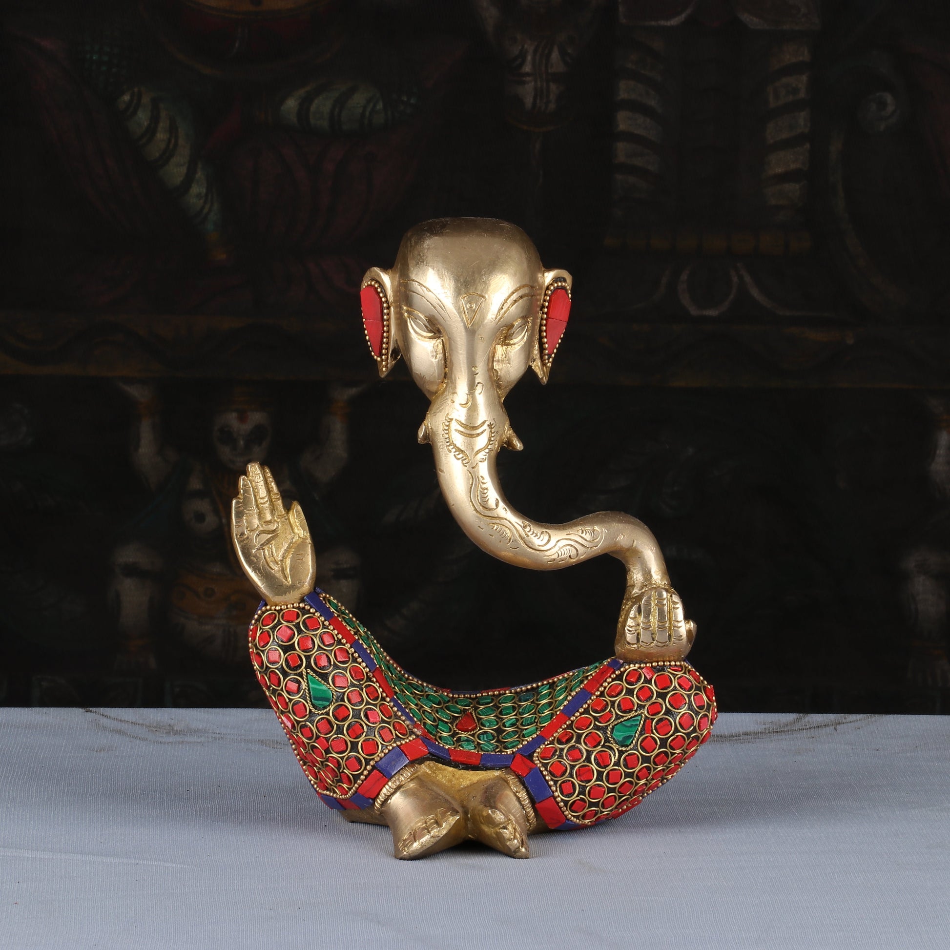Brass Modern Ganesha Idol Stone Work For Home Decor Lucky Gift 8" - Eco-friendly - Sama Homes