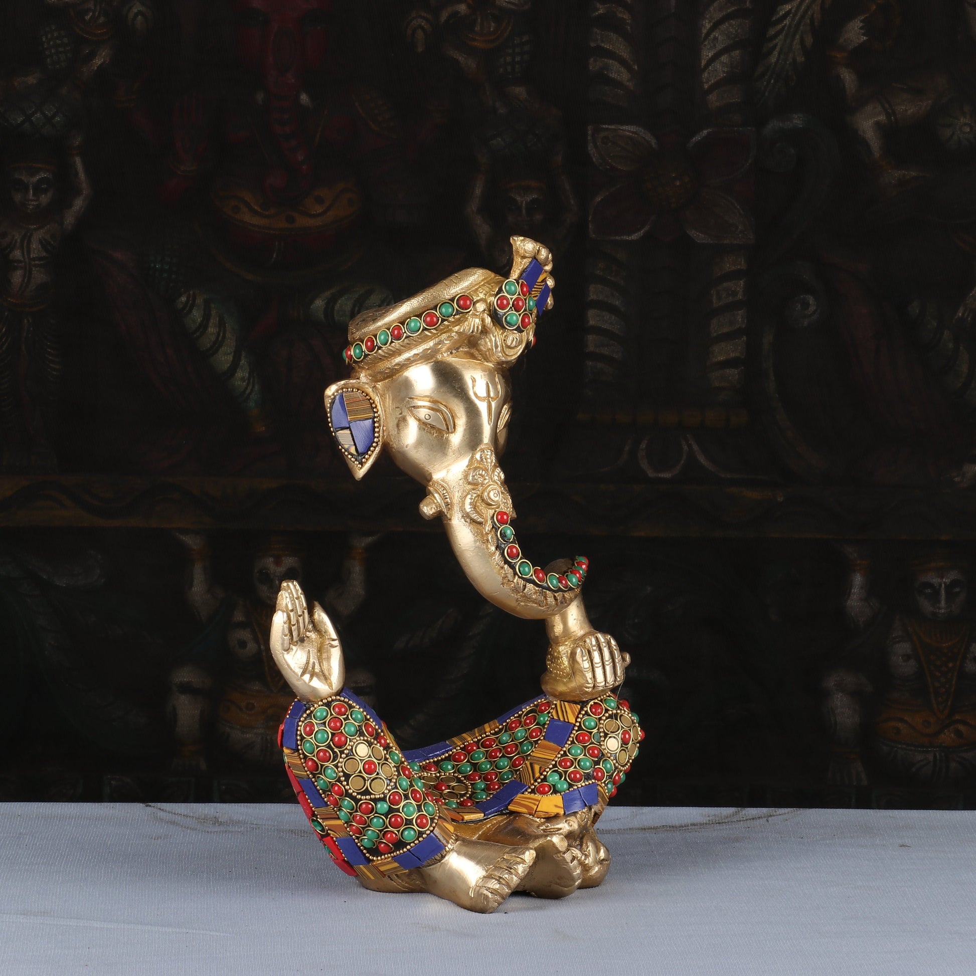 Brass Modern Turban Ganesha Idol with Stone Work 10" - Image 3