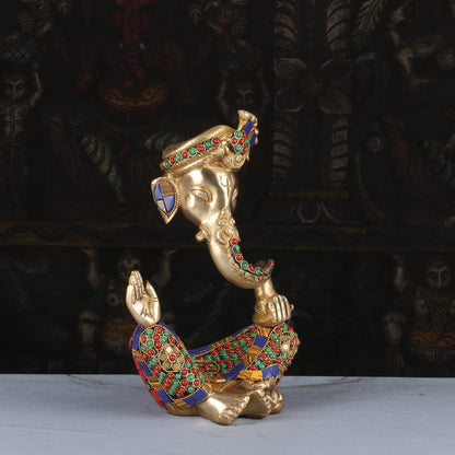 Brass Modern Turban Ganesha Idol with Stone Work 10" by vendor-unknown - Hindu Gods (View 3)