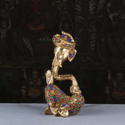 Brass Modern Turban Ganesha Idol with Stone Work 10" by vendor-unknown - Hindu Gods (View 4)