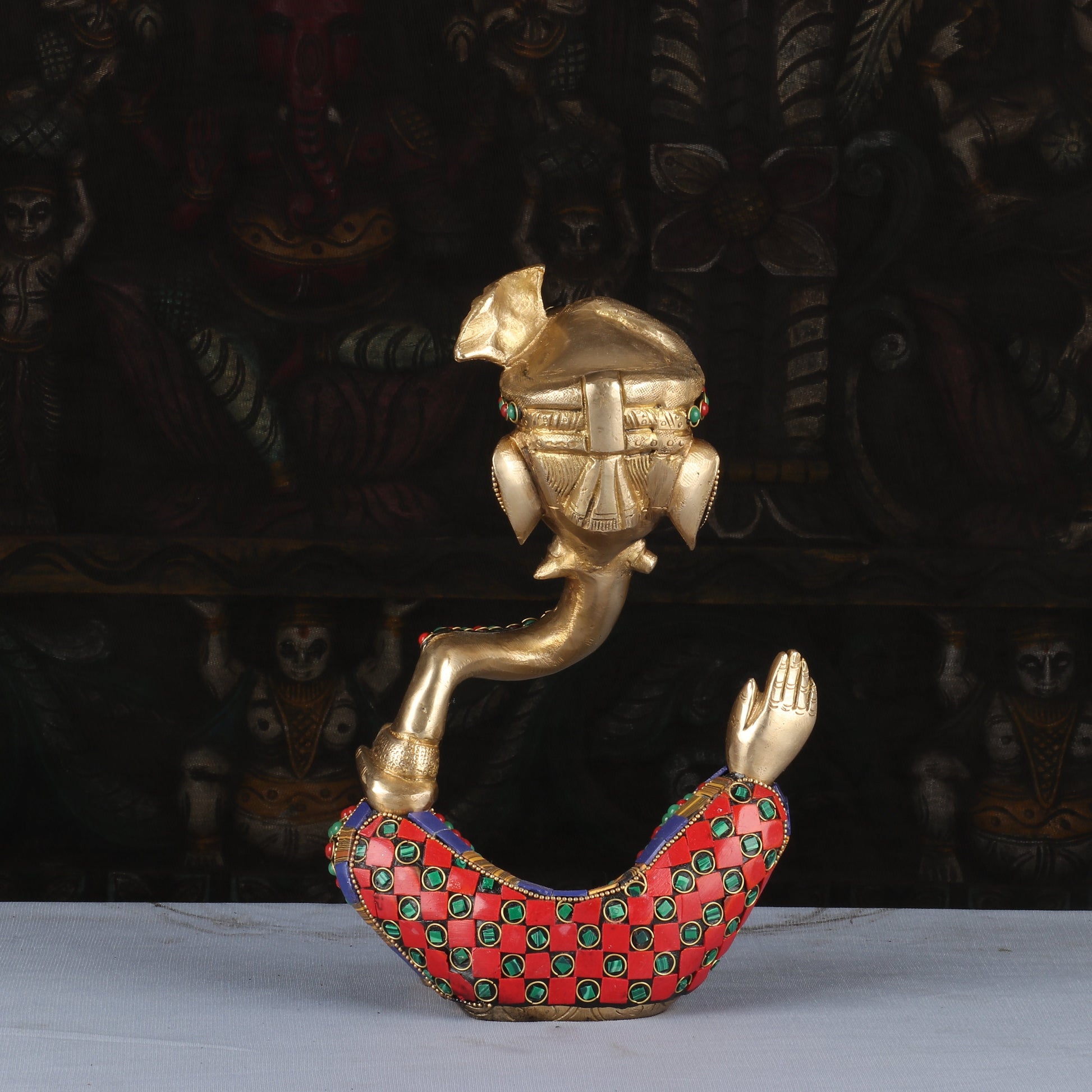 Brass Modern Turban Ganesha Idol with Stone Work 10" - Image 5