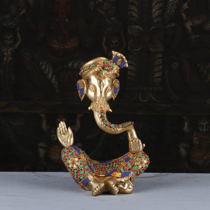 Brass Modern Turban Ganesha Idol with Stone Work 10" by vendor-unknown - Hindu Gods