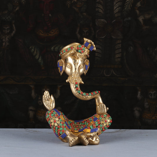 Brass Modern Turban Ganesha Idol with Stone Work 10"
