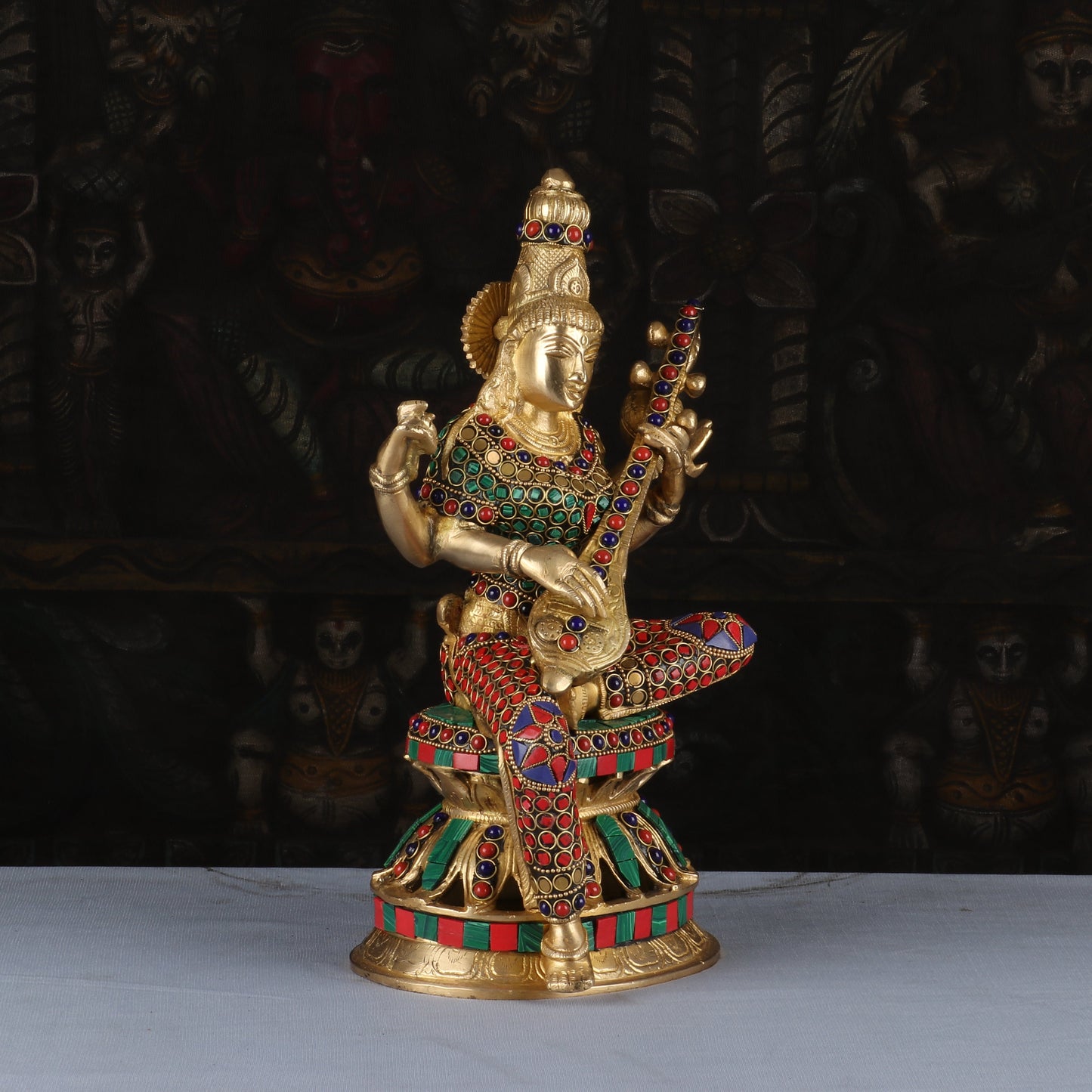 Brass Saraswati Statue Stone Work Idol For Pooja Room Temple Decor 1 Feet