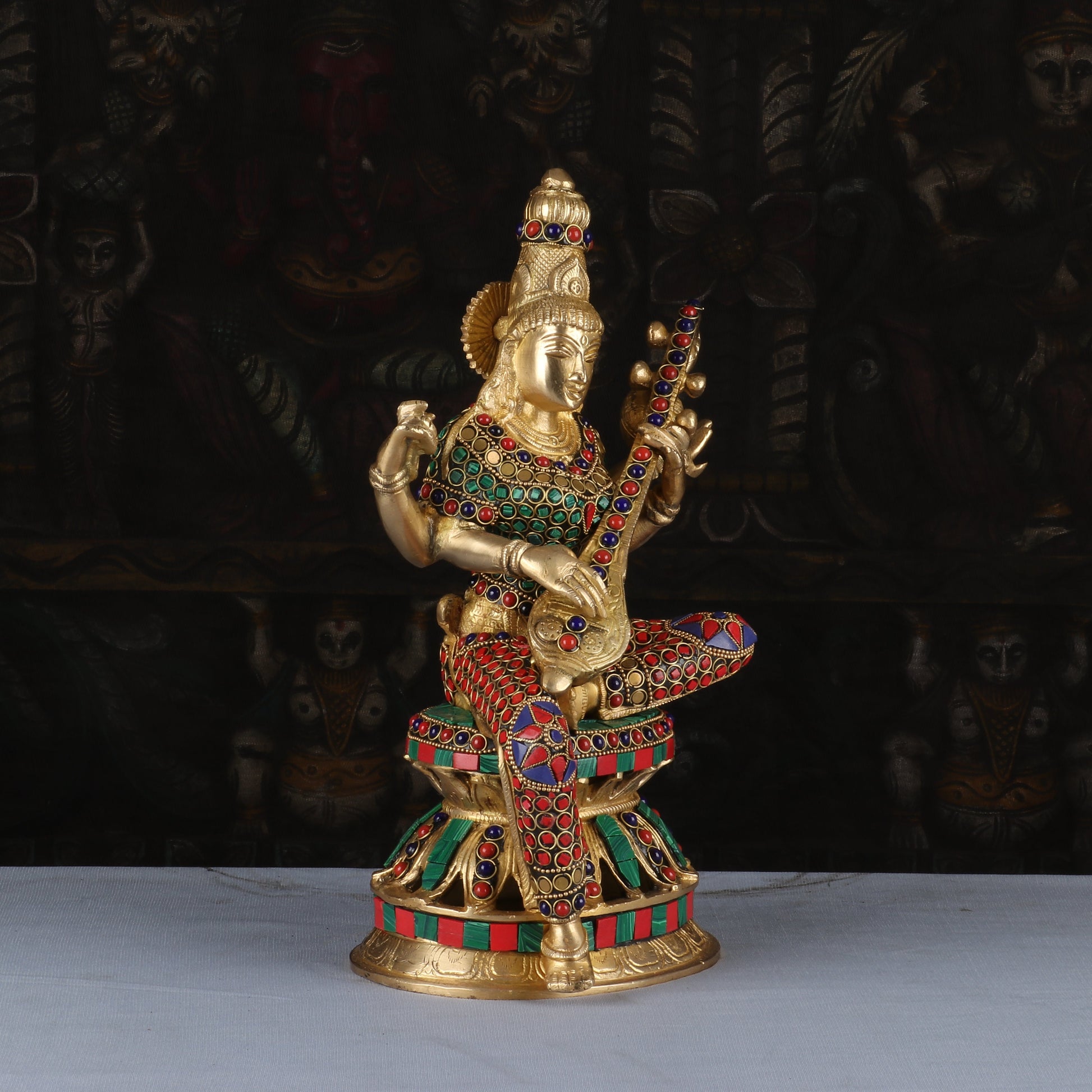 Brass Saraswati Statue Stone Work Idol For Pooja Room Temple Decor 1 Feet - Image 3