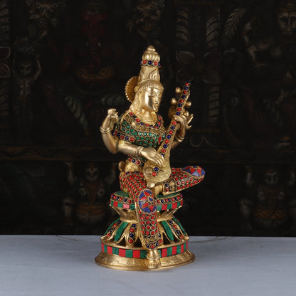 Brass Saraswati Statue Stone Work Idol For Pooja Room Temple Decor 1 Feet by vendor-unknown - Hindu Gods (View 3)