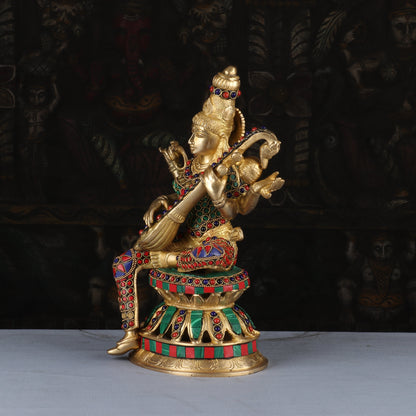 Brass Saraswati Statue Stone Work Idol For Pooja Room Temple Decor 1 Feet by vendor-unknown - Hindu Gods (View 4)