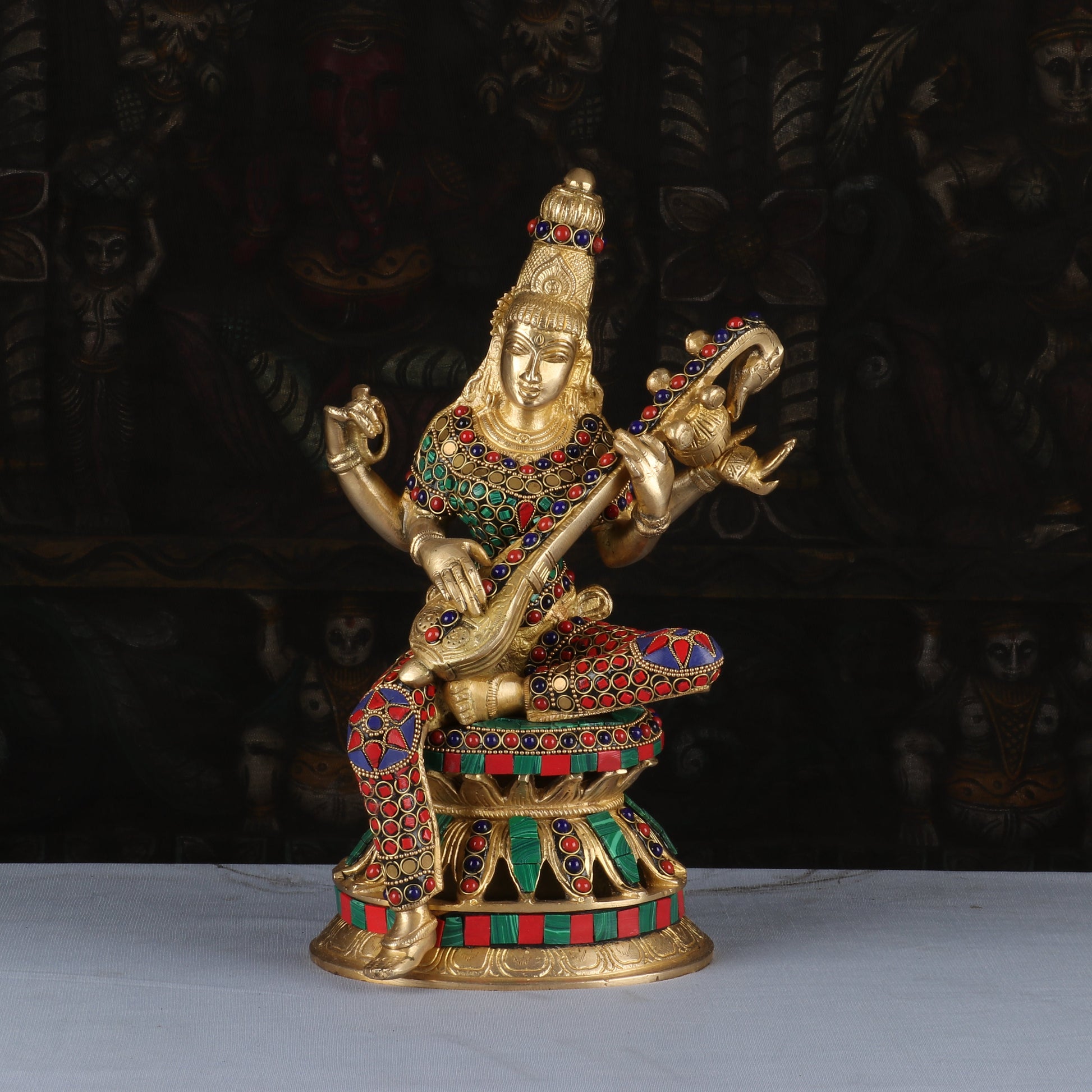 Brass Saraswati Statue Stone Work Idol For Pooja Room Temple Decor 1 Feet - Eco-friendly - Sama Homes