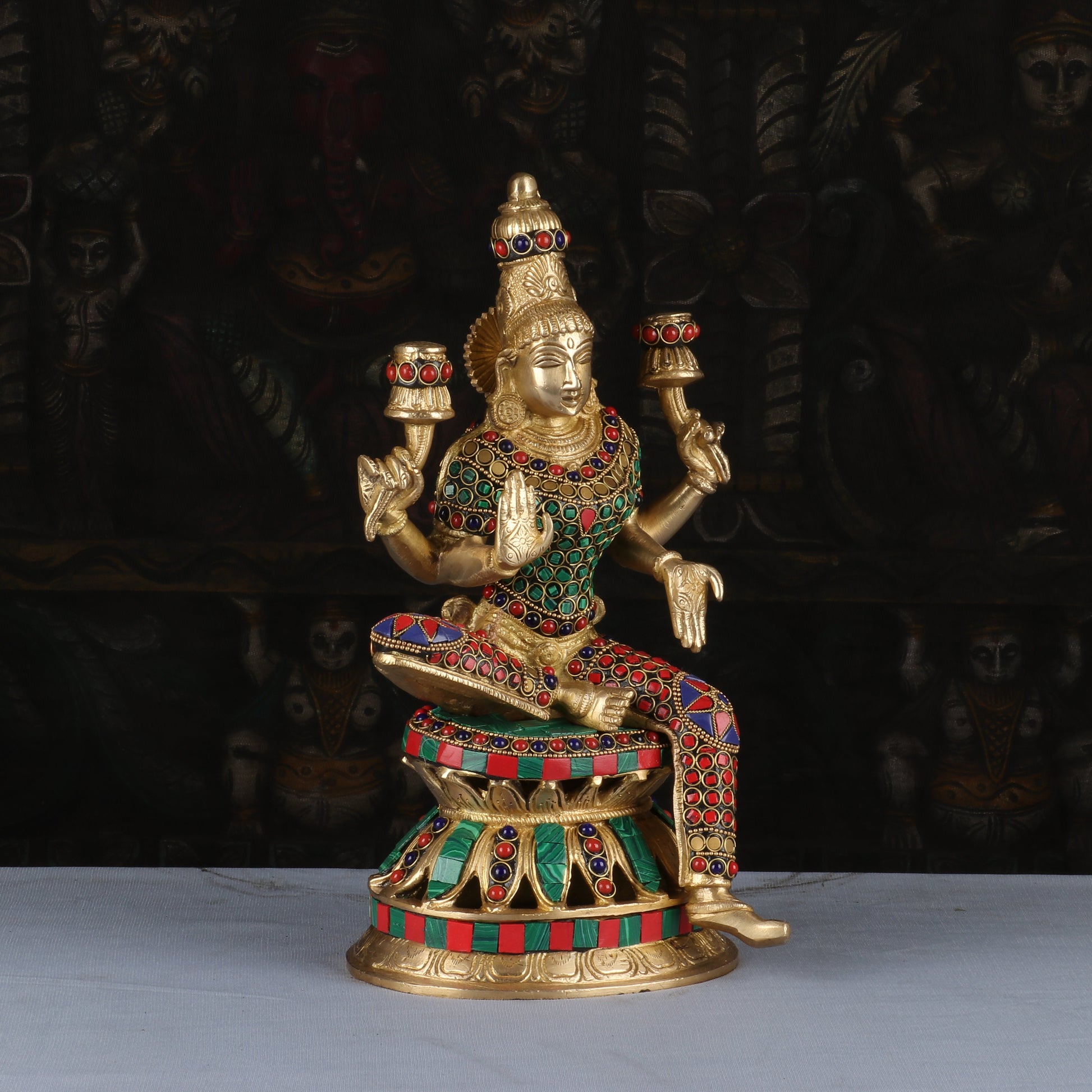 Brass Lakshmi Statue Sitting Stone Work Idol Religious Decor Lucky 12" - Image 3