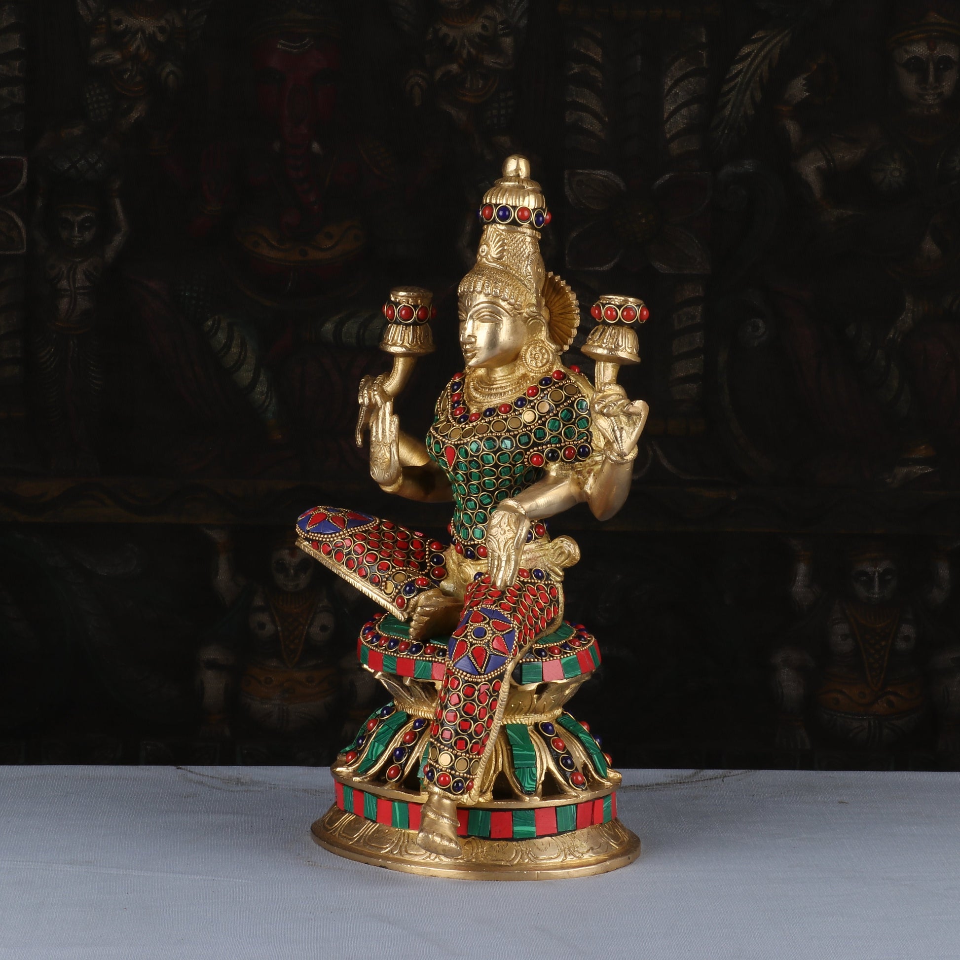 Brass Lakshmi Statue Sitting Stone Work Idol Religious Decor Lucky 12" - Image 4