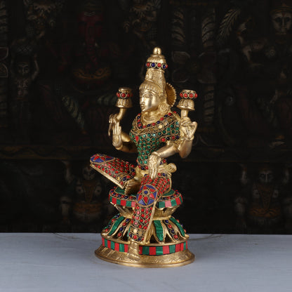 Brass Lakshmi Statue Sitting Stone Work Idol Religious Decor Lucky 12" by vendor-unknown - Hindu Gods (View 4)
