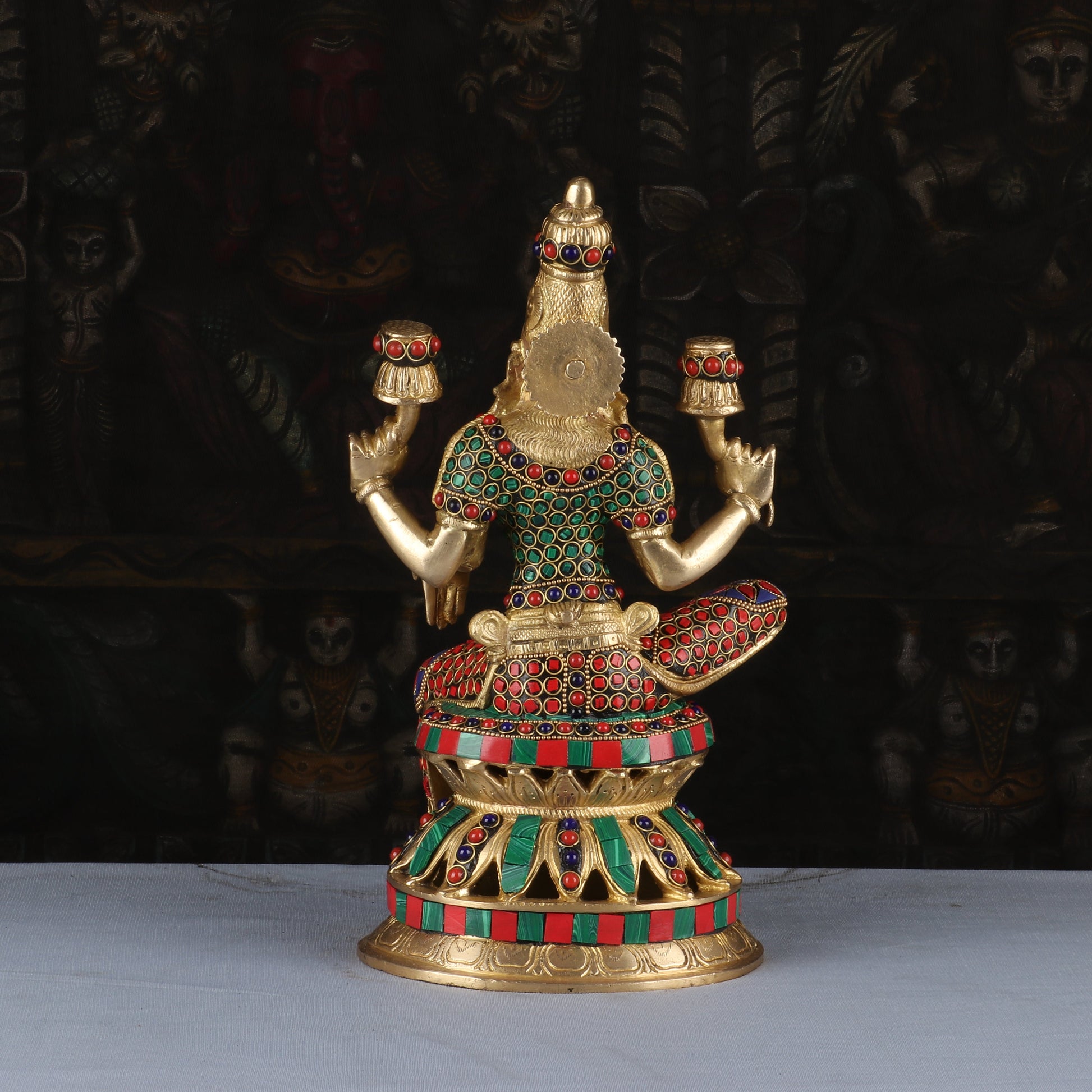 Brass Lakshmi Statue Sitting Stone Work Idol Religious Decor Lucky 12" - Image 5